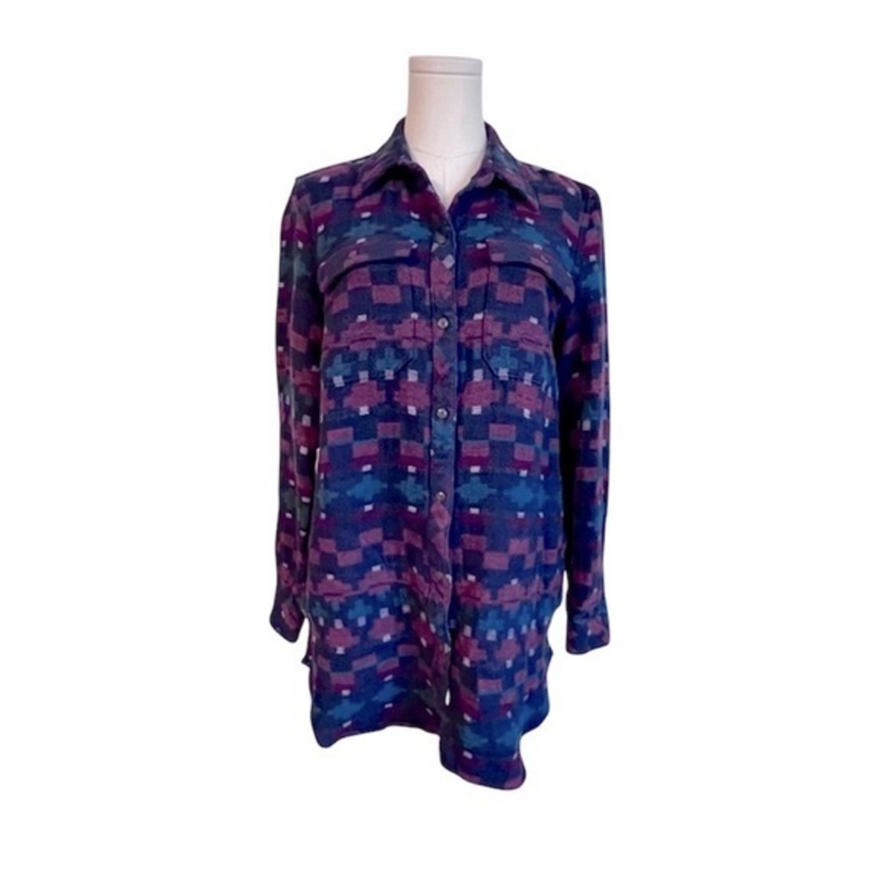 L.L. Bean Signature Navy Burgundy Southwest Tribal Chamois Flannel Jacket WMS‎ S